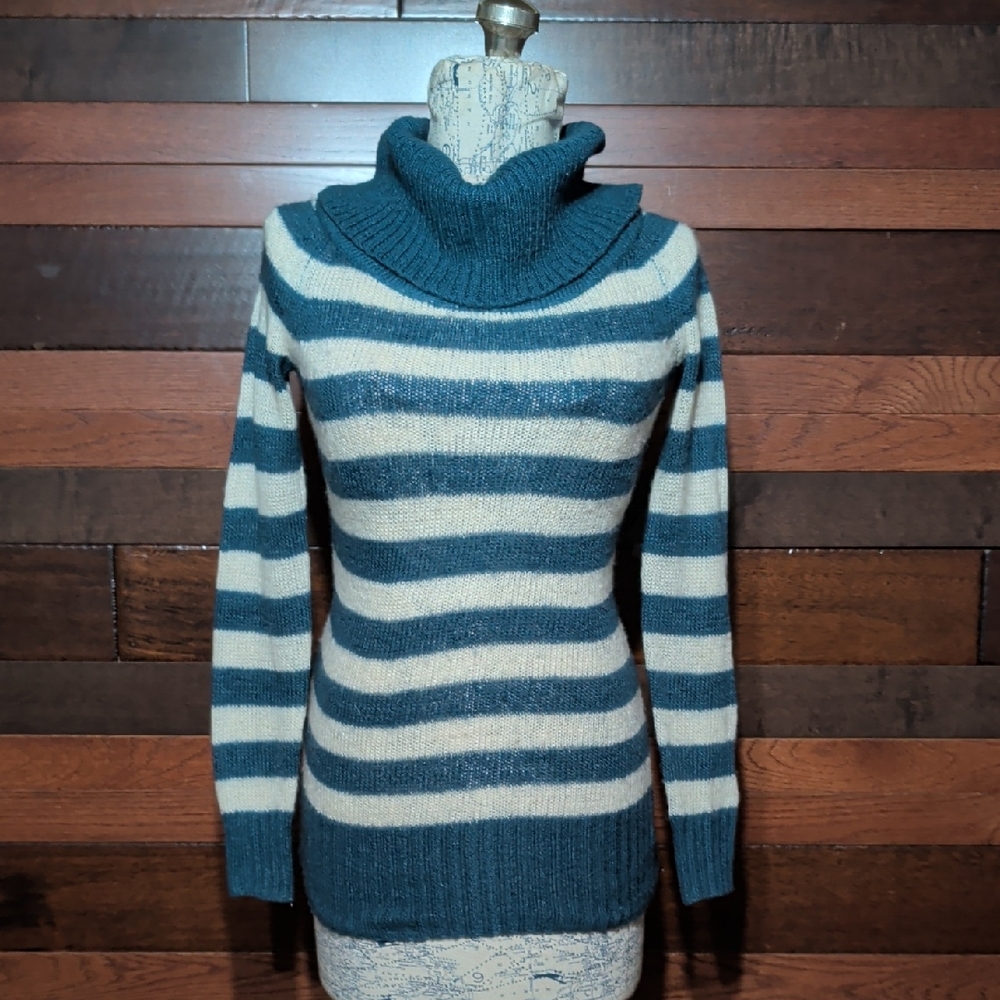 Forever 21 Blue and Cream Striped Turtleneck Sweater